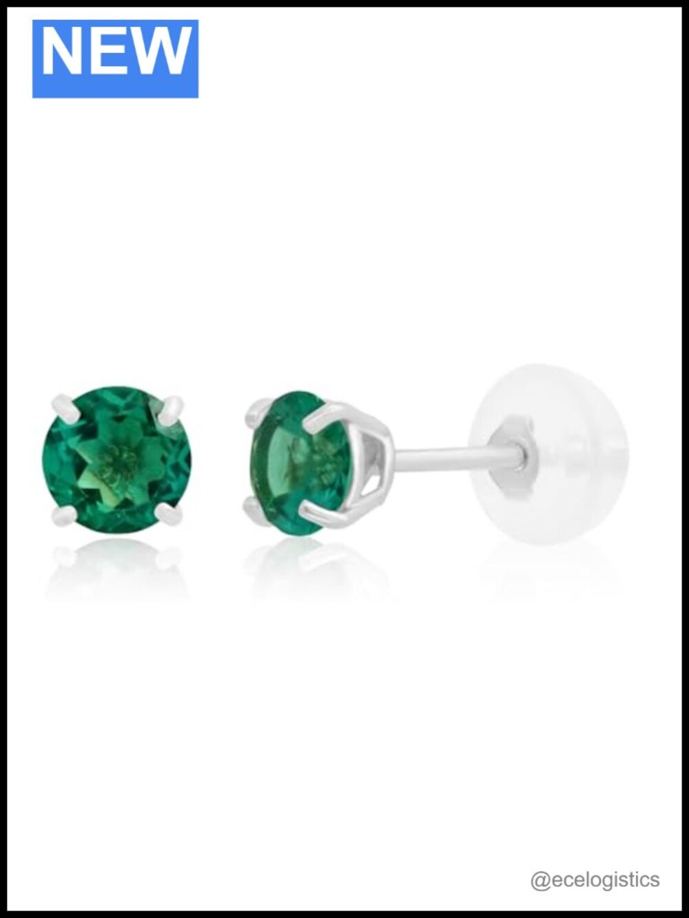 14K White Gold Emerald Stud Earrings 4mm Birthstone Push Back